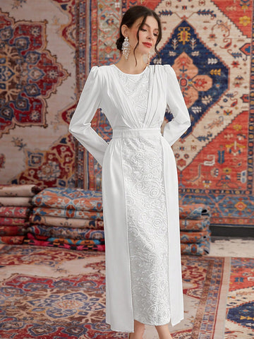 Ladies' Round Neck Puff Sleeve Long Dress