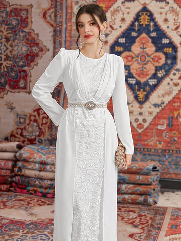 Ladies' Round Neck Puff Sleeve Long Dress