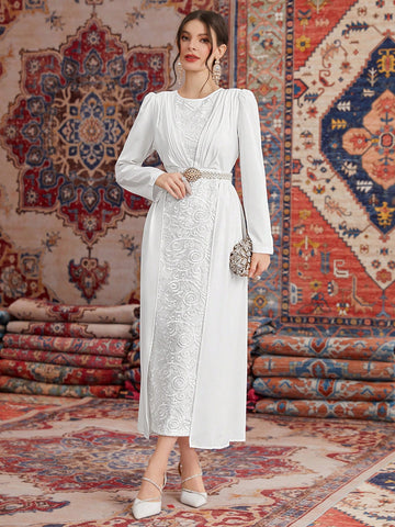 Ladies' Round Neck Puff Sleeve Long Dress