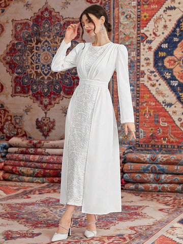 Ladies' Round Neck Puff Sleeve Long Dress