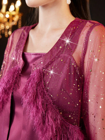 Ladies' Sequined Mesh Long Sleeve Jacket And Cami Dress Set