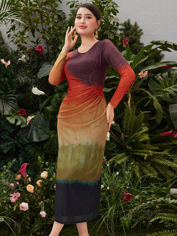 Ladies' Slim Fit Ombre Crew Neck Long Sleeve Dress