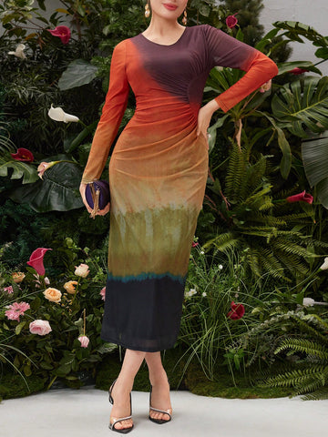 Ladies' Slim Fit Ombre Crew Neck Long Sleeve Dress
