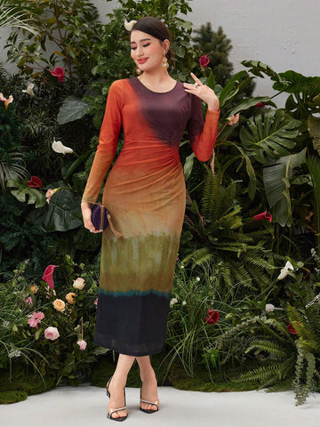 Ladies' Slim Fit Ombre Crew Neck Long Sleeve Dress