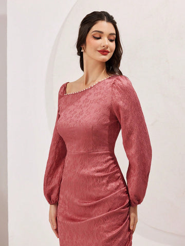 Ladies' Solid Color Irregular Texture Asymmetric Collar Beaded Details Side Slit Dress