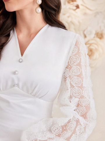 Ladies' Solid Color Mesh Patchwork Deep V-Neckline Waist-Shaping Dress