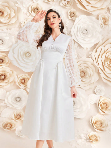 Ladies' Solid Color Mesh Patchwork Deep V-Neckline Waist-Shaping Dress