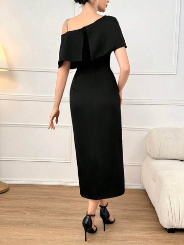 Ladies' Solid Color Oblique-Shoulder Single Breasted Summer Dress