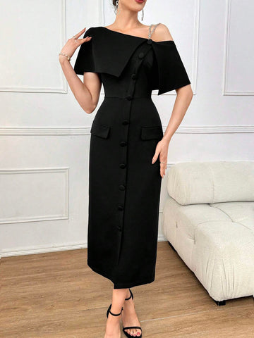 Ladies' Solid Color Oblique-Shoulder Single Breasted Summer Dress