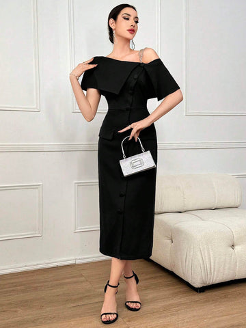 Ladies' Solid Color Oblique-Shoulder Single Breasted Summer Dress