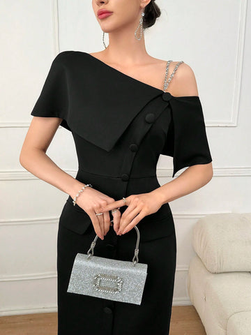 Ladies' Solid Color Oblique-Shoulder Single Breasted Summer Dress