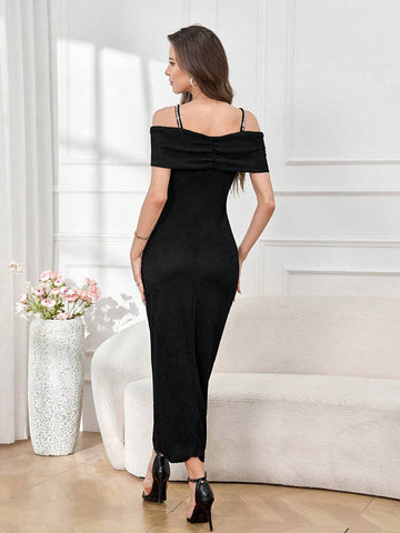 Ladies' Solid Color One-Shoulder Draped Dress With Rhinestone Decor, Summer Elegant Style