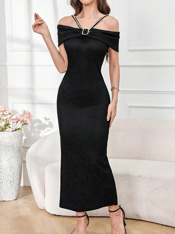 Ladies' Solid Color One-Shoulder Draped Dress With Rhinestone Decor, Summer Elegant Style
