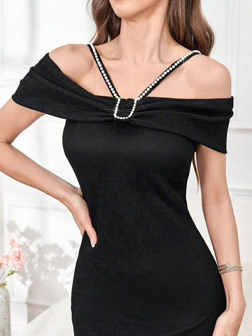 Ladies' Solid Color One-Shoulder Draped Dress With Rhinestone Decor, Summer Elegant Style