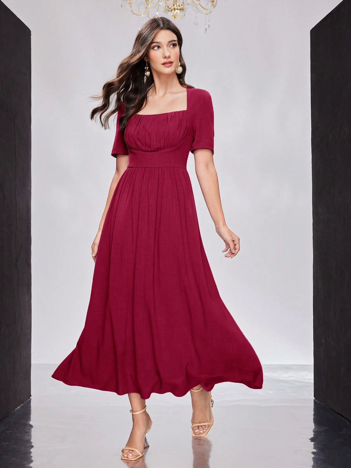 Ladies' Solid Color Pleated Square Collar Cinched Waist Dress