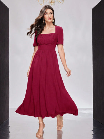Ladies' Solid Color Pleated Square Collar Cinched Waist Dress