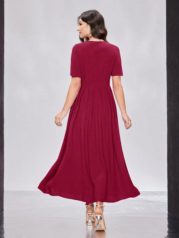Ladies' Solid Color Pleated Square Collar Cinched Waist Dress