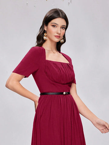 Ladies' Solid Color Pleated Square Collar Cinched Waist Dress
