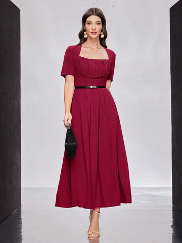 Ladies' Solid Color Pleated Square Collar Cinched Waist Dress