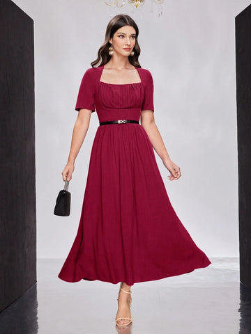 Ladies' Solid Color Pleated Square Collar Cinched Waist Dress