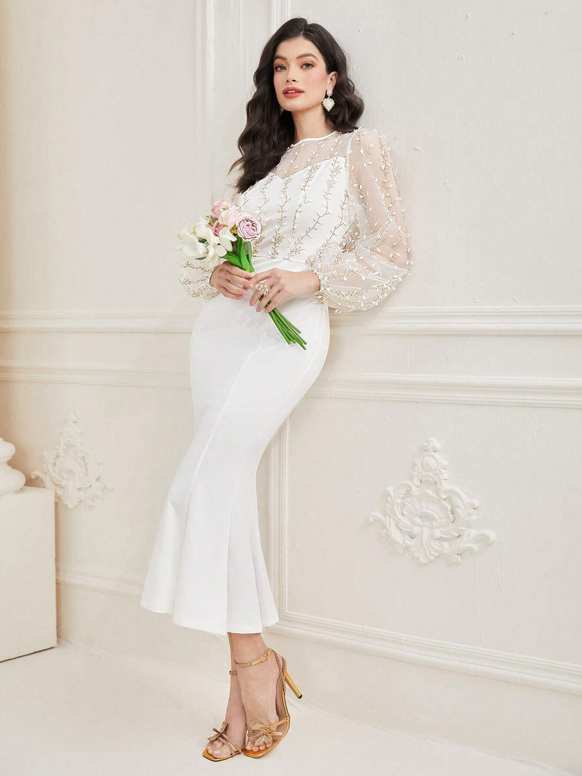 Ladies' Solid Color Round Neck Mesh Patchwork Dress