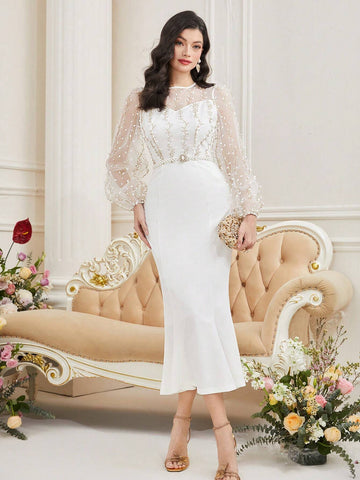 Ladies' Solid Color Round Neck Mesh Patchwork Dress