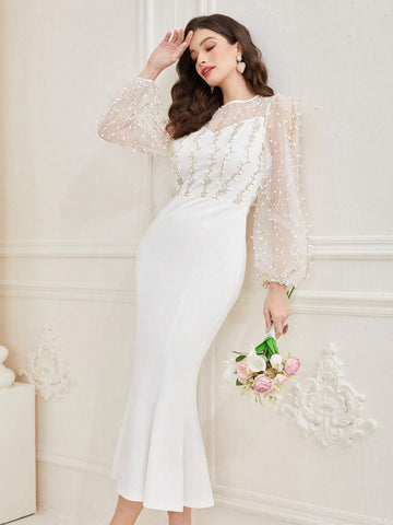 Ladies' Solid Color Round Neck Mesh Patchwork Dress