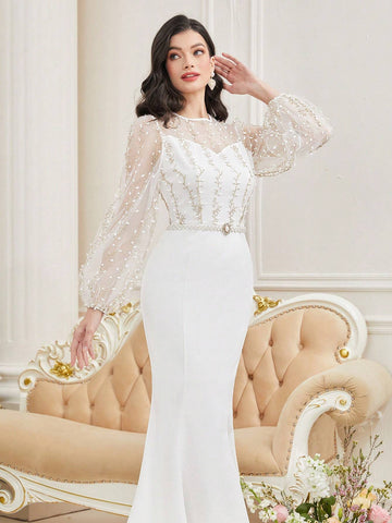 Ladies' Solid Color Round Neck Mesh Patchwork Dress