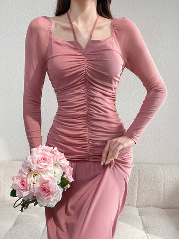 Ladies' Solid Color Simple Daily Wear Bodycon Dress With Pleated Design