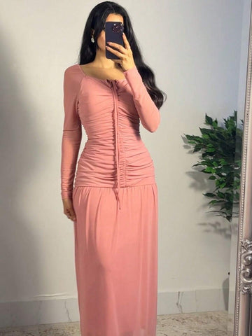 Ladies' Solid Color Simple Daily Wear Bodycon Dress With Pleated Design