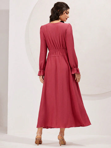 Ladies' Solid Color Tie Neck Ruffled Sleeve Dress