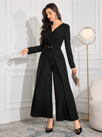 Ladies' Solid Color V-Neck Long Sleeve Wide-Leg Elegant Jumpsuit, Spring And Autumn