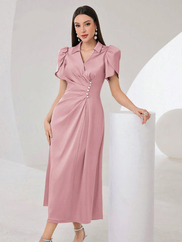 Ladies' Summer Solid Color Elegant Long Puff Sleeve Dress With Lapel Collar