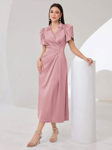 Ladies' Summer Solid Color Elegant Long Puff Sleeve Dress With Lapel Collar
