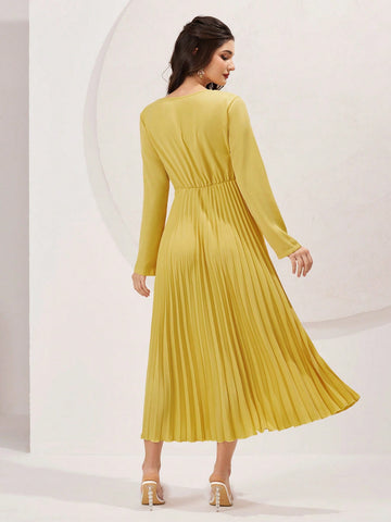 Ladies' V-Neck Belted Solid Color Dress