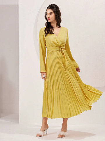 Ladies' V-Neck Belted Solid Color Dress