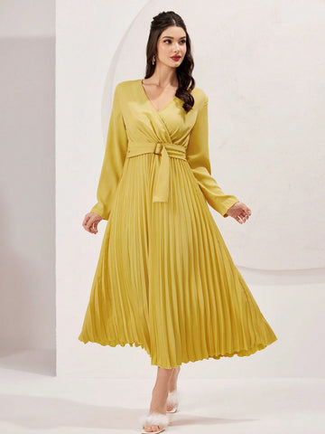 Ladies' V-Neck Belted Solid Color Dress