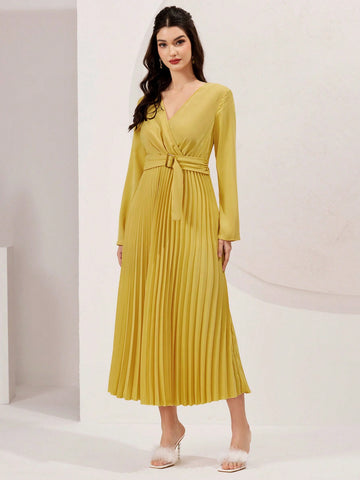 Ladies' V-Neck Belted Solid Color Dress