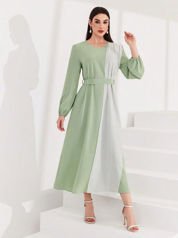 Lantern Sleeve Color Block Women's Dress