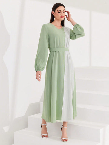 Lantern Sleeve Color Block Women's Dress