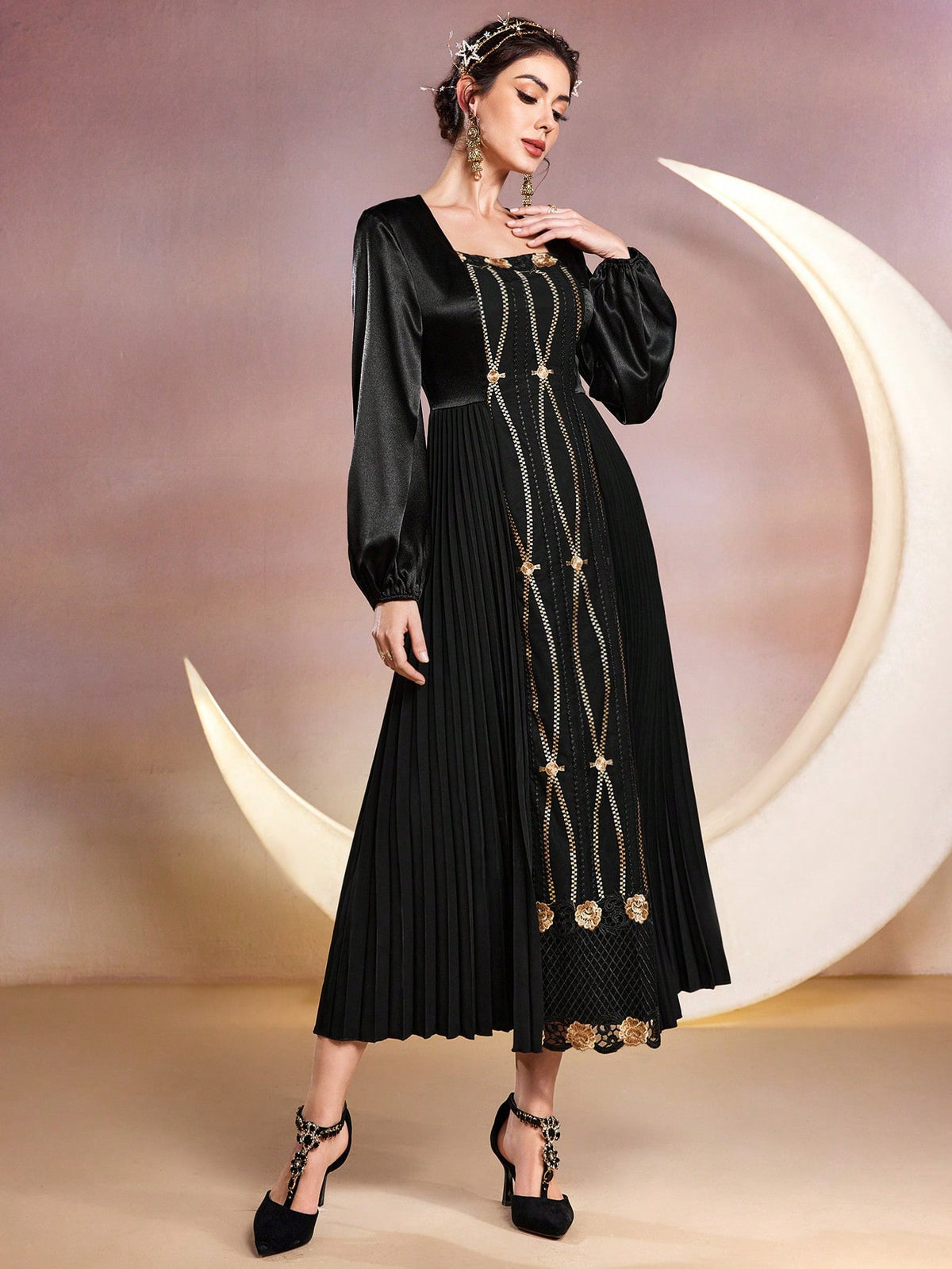 Lantern Sleeve Women's Pleated Hem A-Line Dress