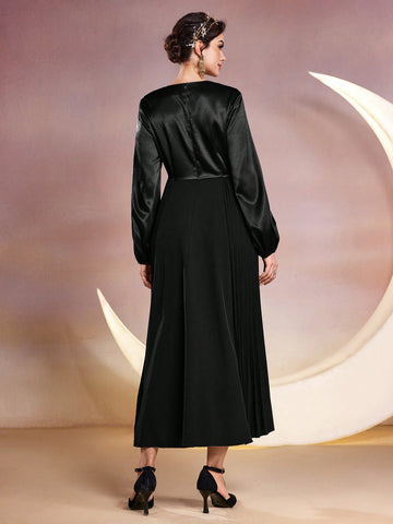 Lantern Sleeve Women's Pleated Hem A-Line Dress