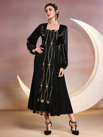 Lantern Sleeve Women's Pleated Hem A-Line Dress