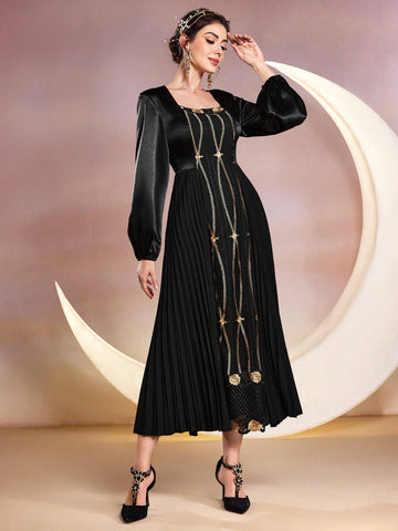 Lantern Sleeve Women's Pleated Hem A-Line Dress