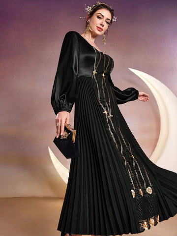 Lantern Sleeve Women's Pleated Hem A-Line Dress