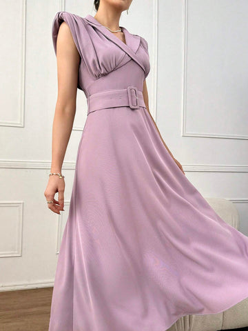 Lapel Neck Shoulder Pad Belted Dress For Summer