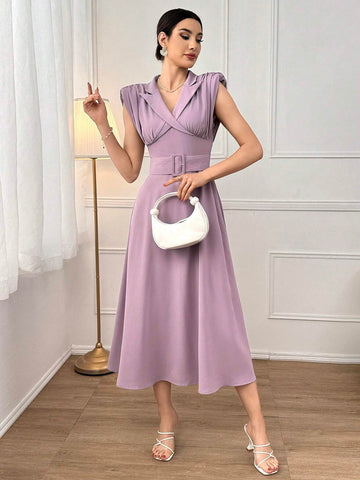 Lapel Neck Shoulder Pad Belted Dress For Summer