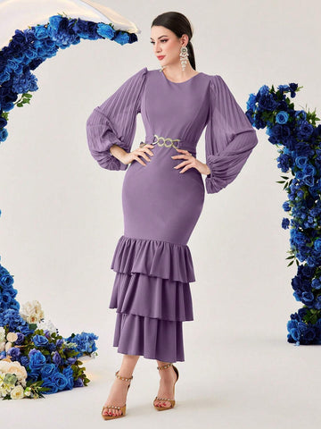 Metallic Detailing Lantern Sleeve Mermaid Hem Dress