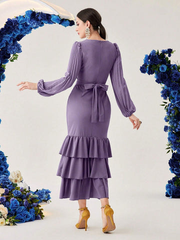Metallic Detailing Lantern Sleeve Mermaid Hem Dress