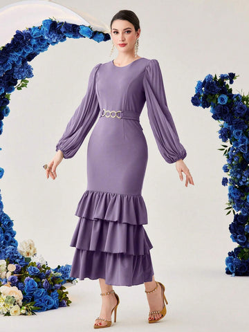 Metallic Detailing Lantern Sleeve Mermaid Hem Dress